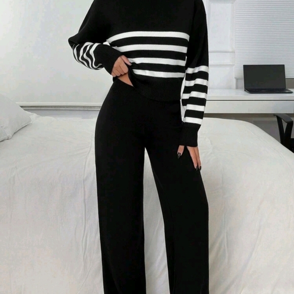 2-Piece Elegant Knit Set: High Collar Striped Print Long Sleeve Top & Long Pants - Picture 6 of 6